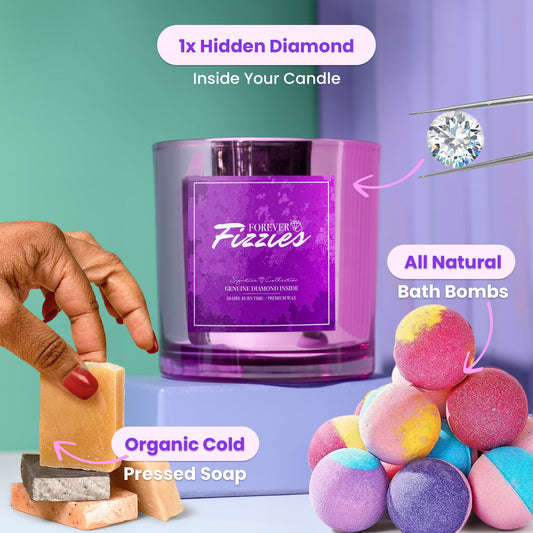 The Ultimate Bath & Body Bundle: Soap, 3 Bath Bombs + Diamond Candle